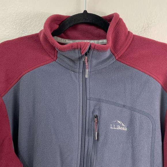 LL Bean Mens Large Tall Slightly Fitted Fleece Jacket Full Zip Up Gray Burgundy - Picture 2 of 6
